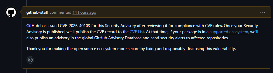 GitHub advisory comment assigning CVE-2026-40103.