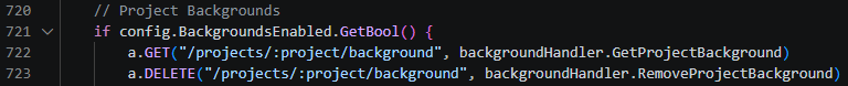 Vikunja project background GET and DELETE routes in routes.go.