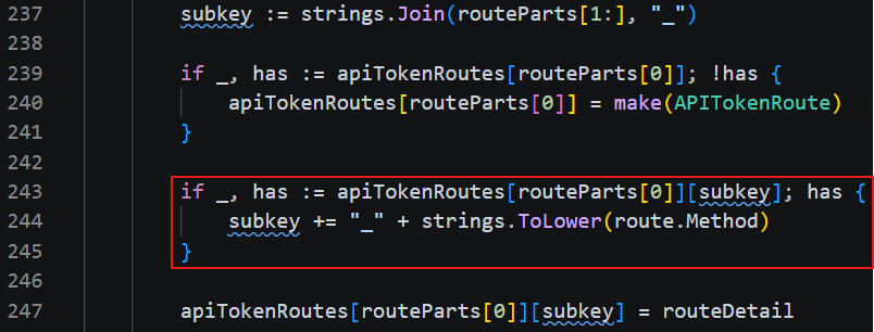 Route collector logic in api_routes.go appending a method suffix on collision.
