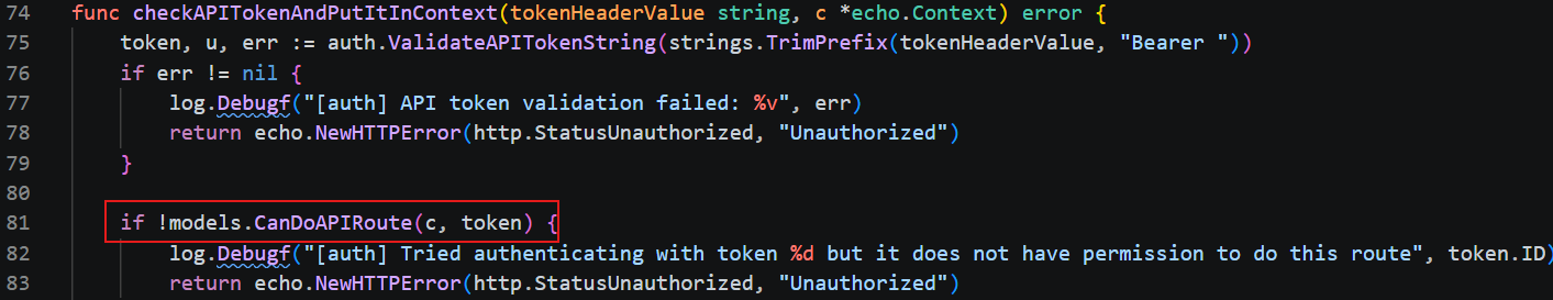 Token middleware calling CanDoAPIRoute before allowing the request through.