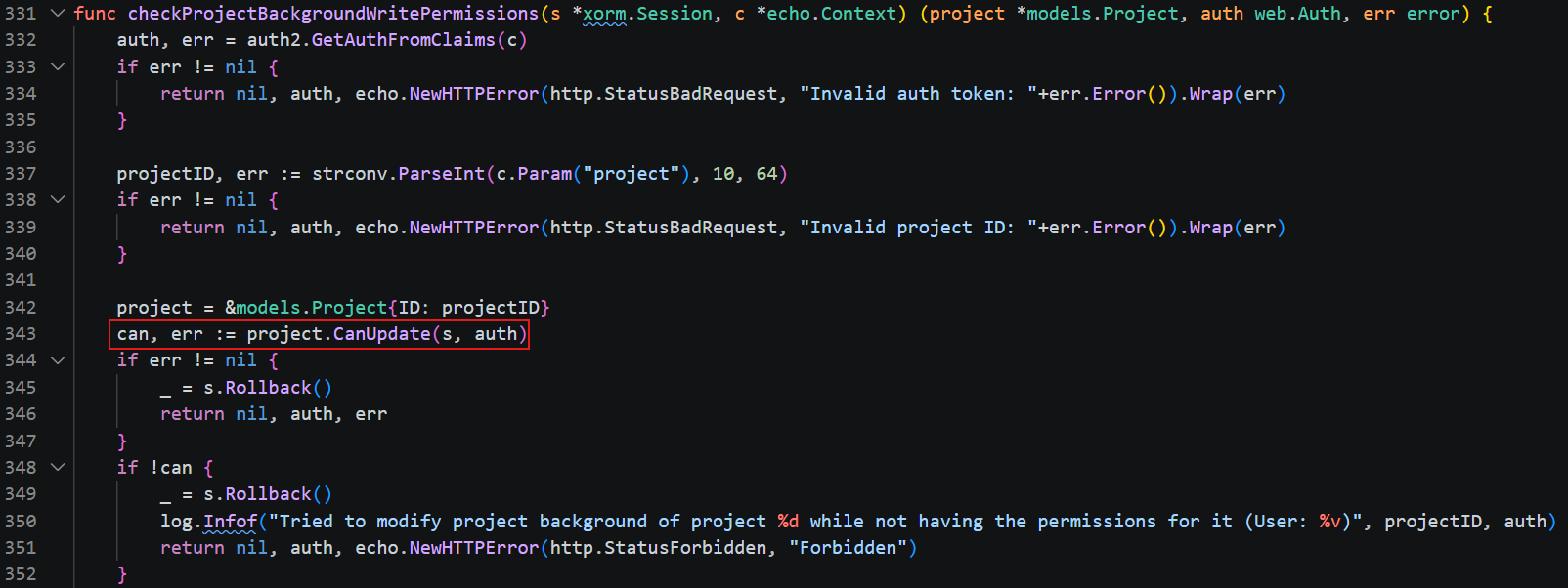 Handler-side permission check using project.CanUpdate in checkProjectBackgroundWritePermissions.